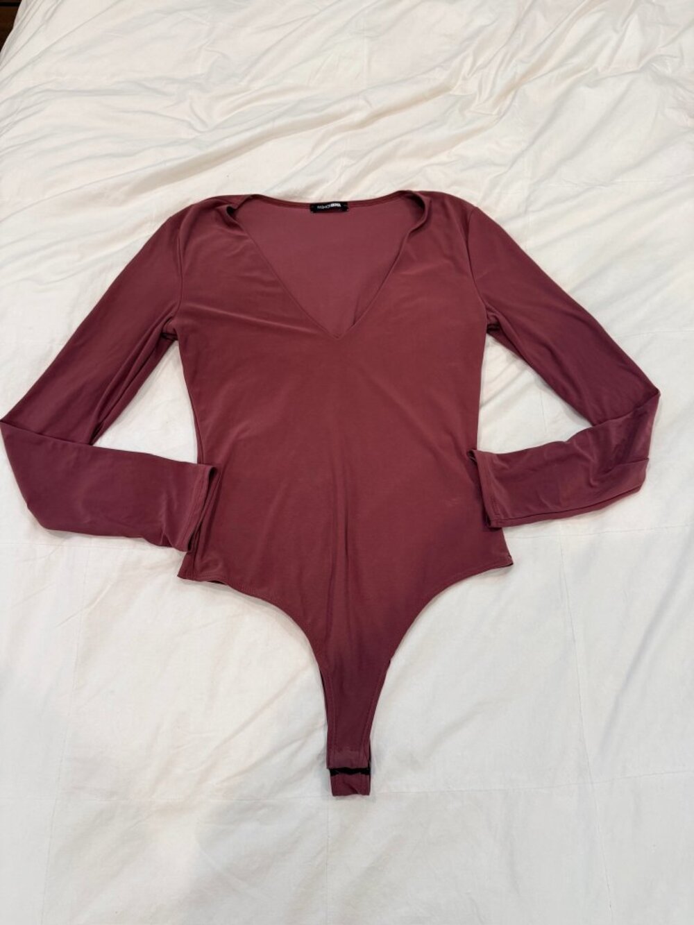 Fashion Nova Deep V Neck Long Sleeve Bodysuit Mauve Plum Purple Medium